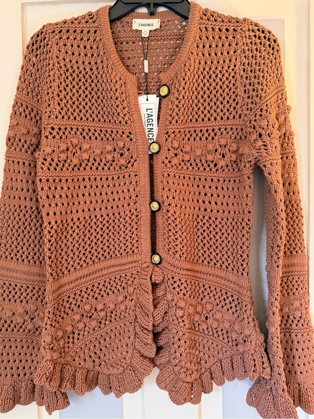 Lagence Brown Kiva Open Stitch Ruffle Cardigan NWT - Picture 6 of 11